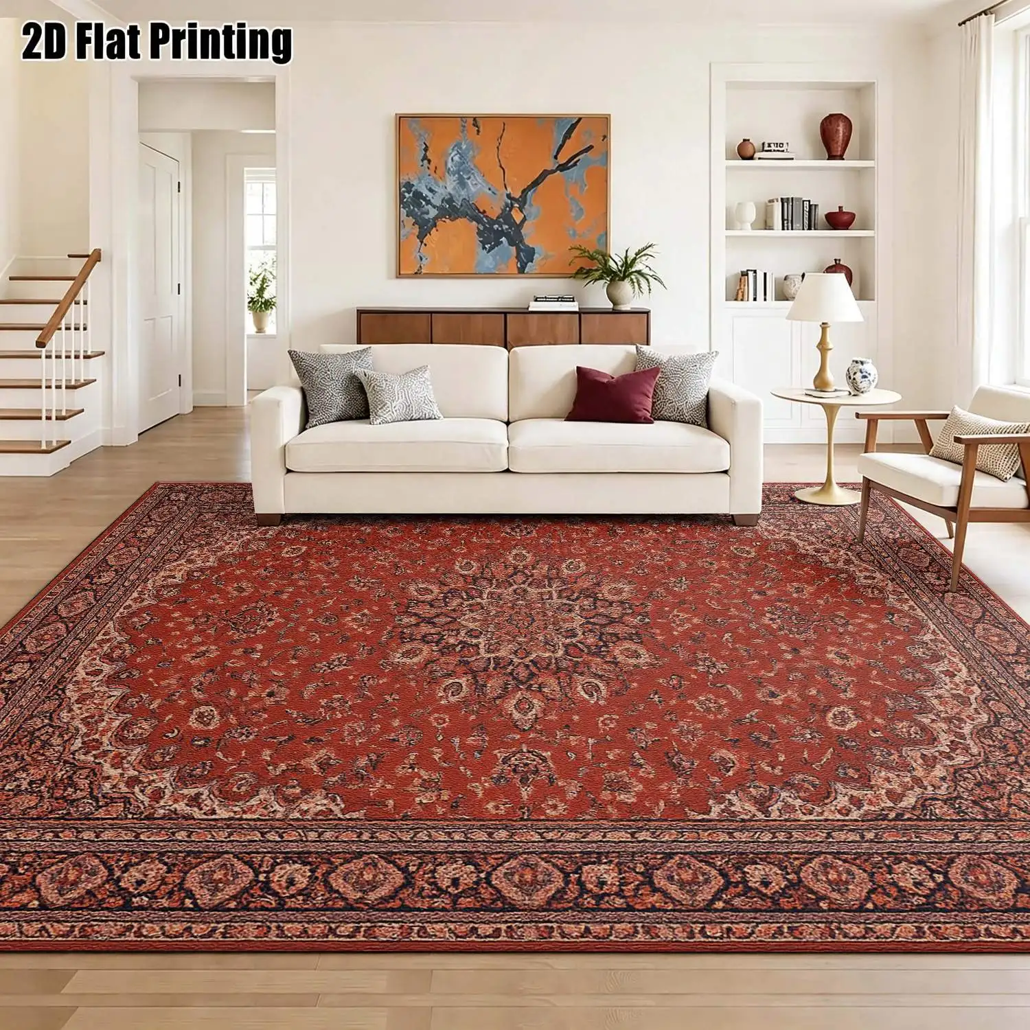 1Pc 2D Printed Red Persian Vintage Geometric Patterned Carpet, Machine Washable, Multi-Size, for Entrance/Dining Room/Foyer/Bedroom/Living Room Home Decor