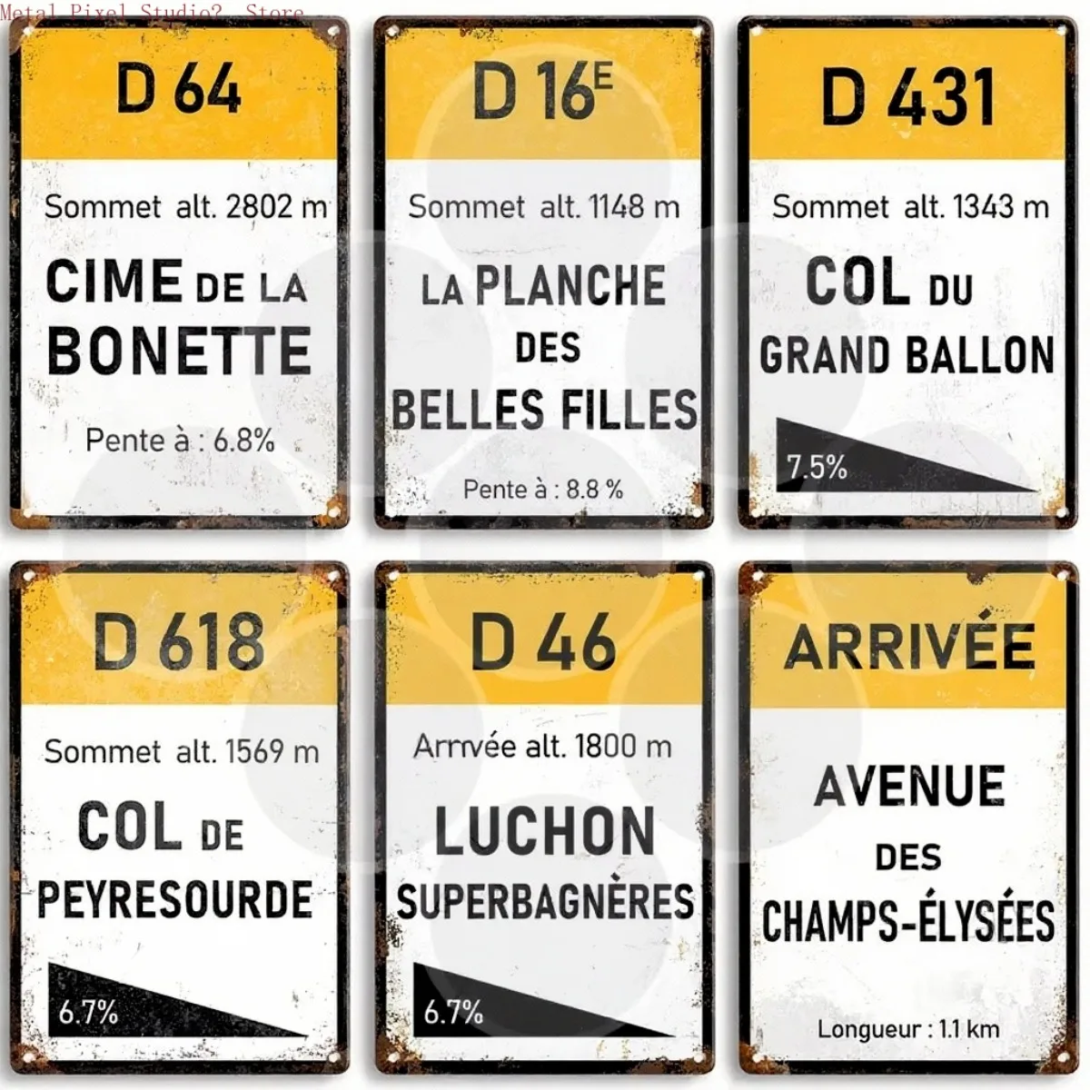 Vintage European Cycling Climb Route Tin Signs Set, Retro Col de la Loze Mont Ventoux Hautacam Metal Wall Art, Rustic Decor Plaq