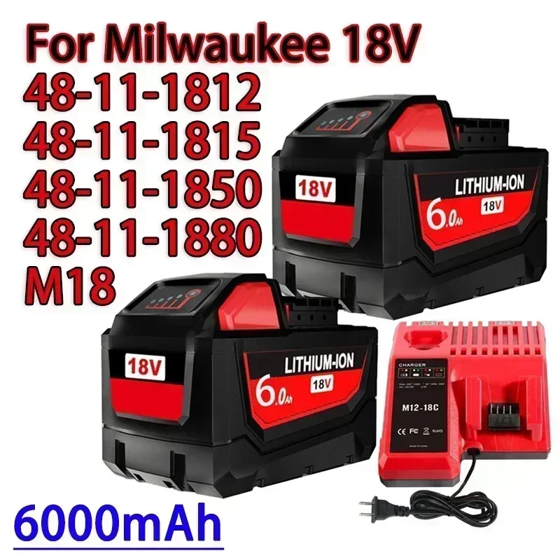 

NEW26 18V For Milwaukee M18 Battery M18B6 XC 6.0Ah Li-Ion 48-11-1860 48-11-1852 48-11-1850 48-11-1840 Cordless Power Tool 18V Ch