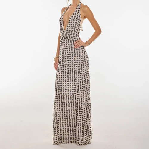 Imagen 2 del producto Vestido largo sin mangas de verano para mujer, con cuello en V profundo y espalda descubierta, estampado de flores/puntos, dobladillo con volantes, cintura fruncida de malla, corte en A