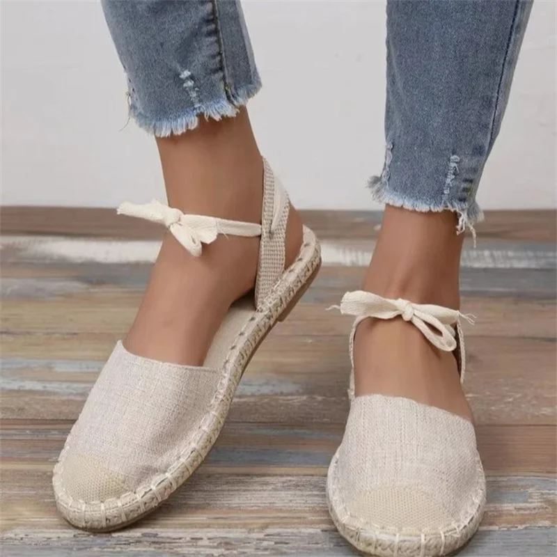 Shoes for Women Hemp Rope Bottom Ladies Sandals Flat Shoes Women Strappy Fisherman Sandals Women Spring and Summer Lace Students