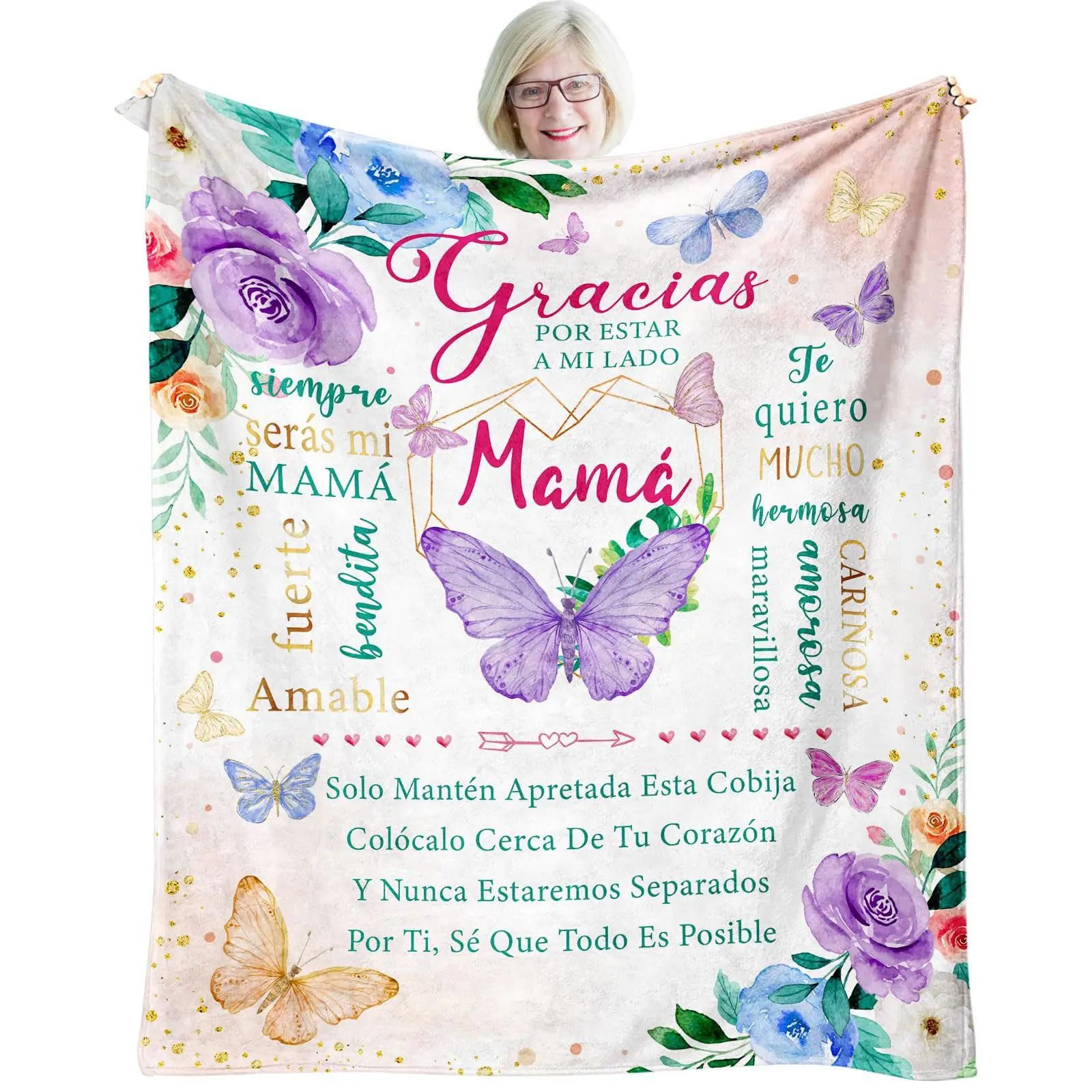 Spanish Mother Blanket Gracias Mama Floral Cross Slogan Throw Couch Cover Purple Butterfly Fleece Blankets Bedroom Sofa Bedding