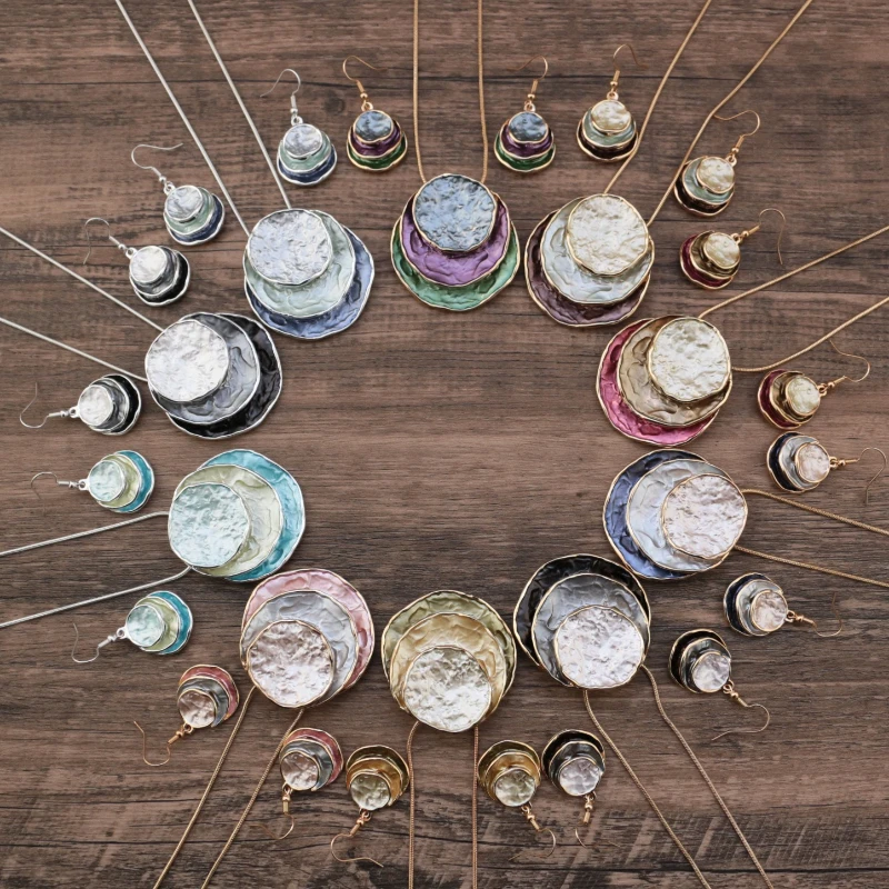 الملونة النفط اللوحة ثلاثة طبقة التعميم الجوف المعلقات القرط مجموعات البوهيمي المرأة الأزياء قلادة مجموعة سحر المجوهرات