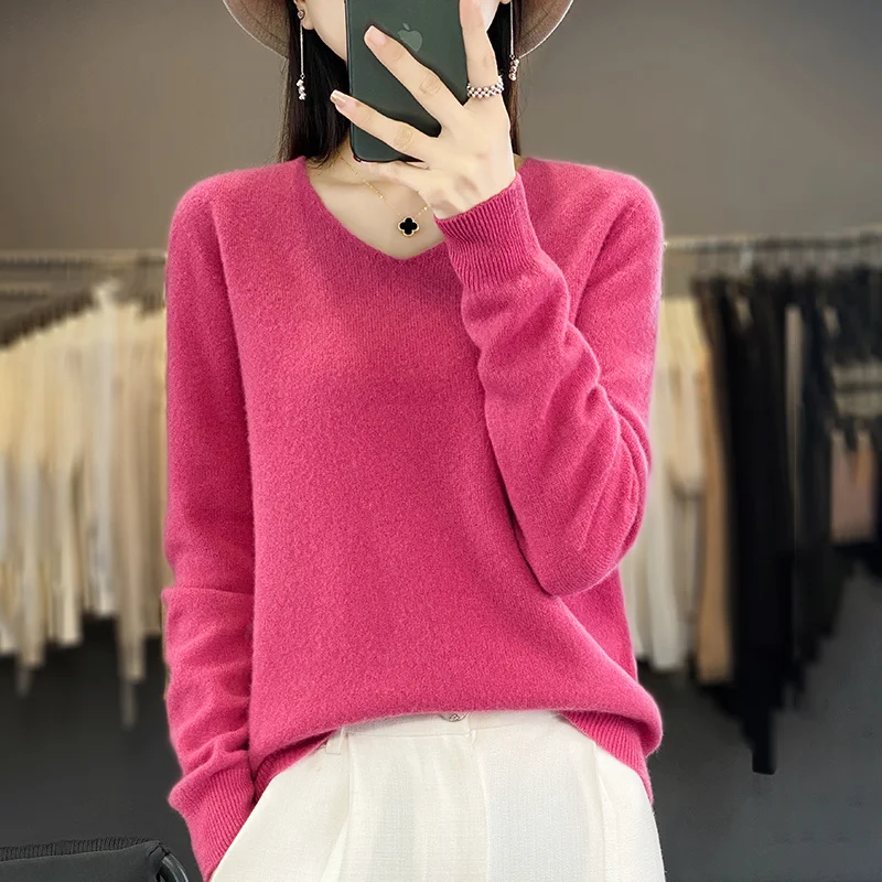 Woolen sweater female 100 pure wool V-neck loose all-matching base shirt 2023 autumn and winter new cashmere sweater warm