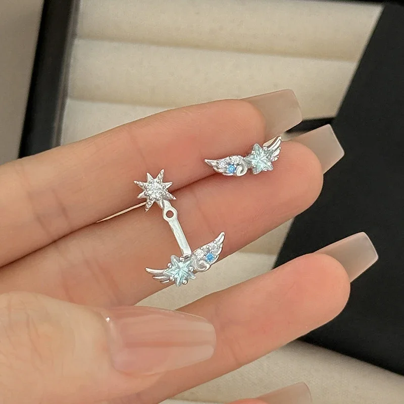 S999 Sterling Silver Needle Romantic Star Zircon Asymmetric Wings Stud Earrings for Women Luxurious Fashion Jewelry Accessories