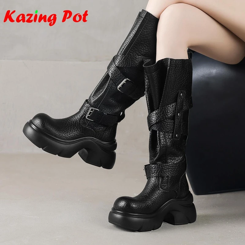 Krazing Pot Cow Split Skin Round Toe Thick Bottom Platform Riding Boots Button British School High Quality Ins Thigh High Boots