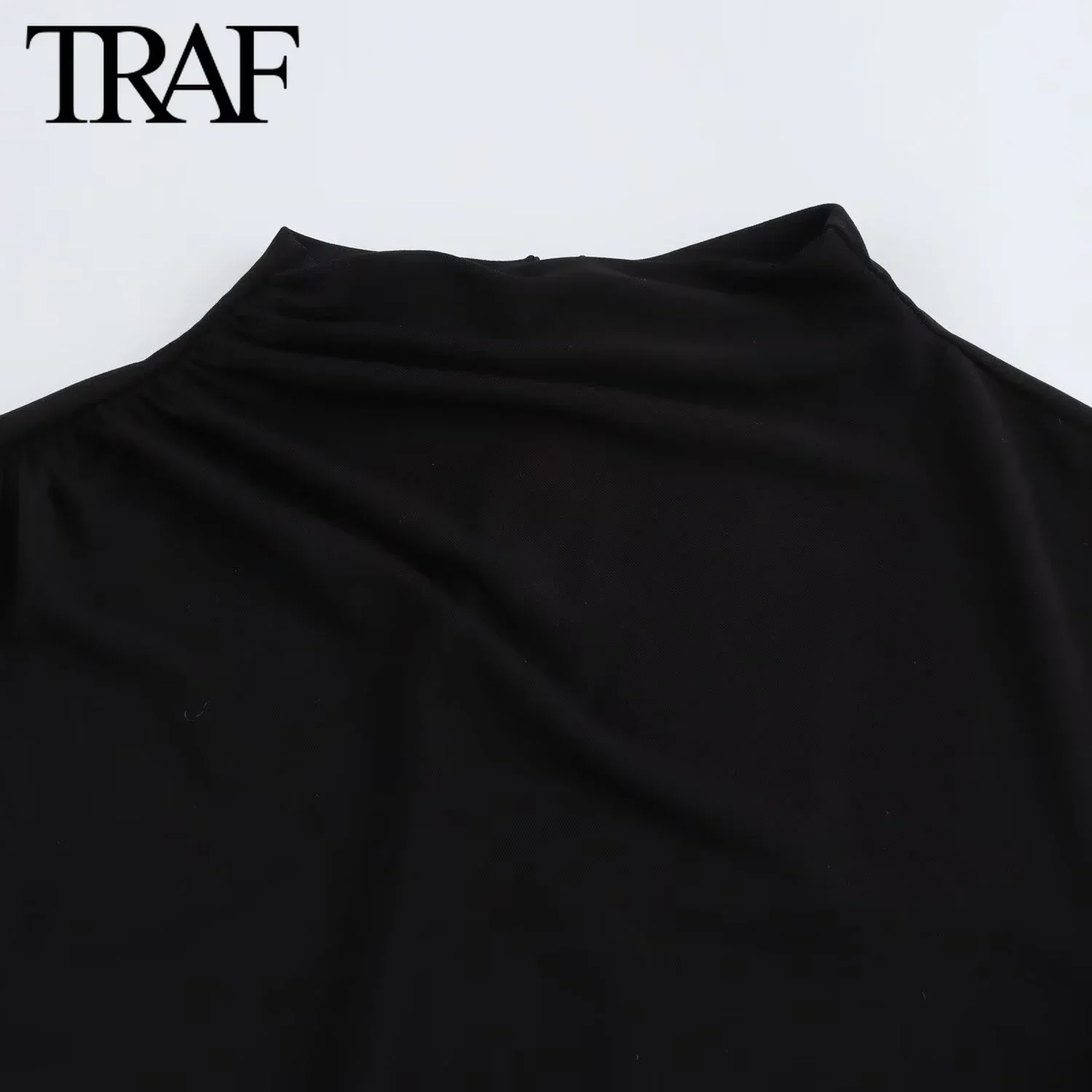 TRAF Women Fashion Autumn Winter Belt Folded Long Sleeve Stand Collar Back Zip Vintage Dress France Female Evening Dresses