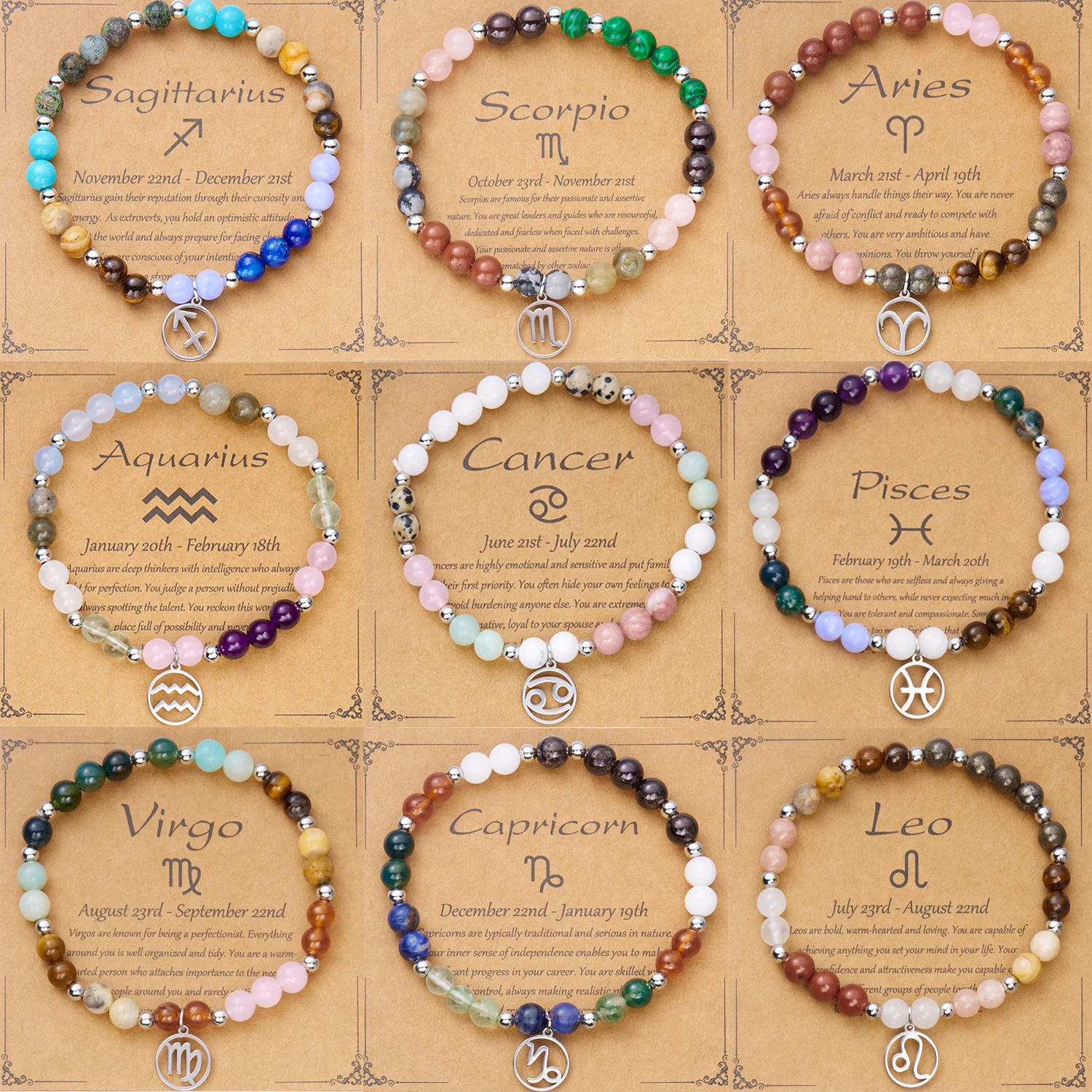 12 Constellation Glass Stone Beaded Bracelets for Women Unisex Charm Cardboard Star Zodiac Sign Bracelet Birthday Jewelry Gifts