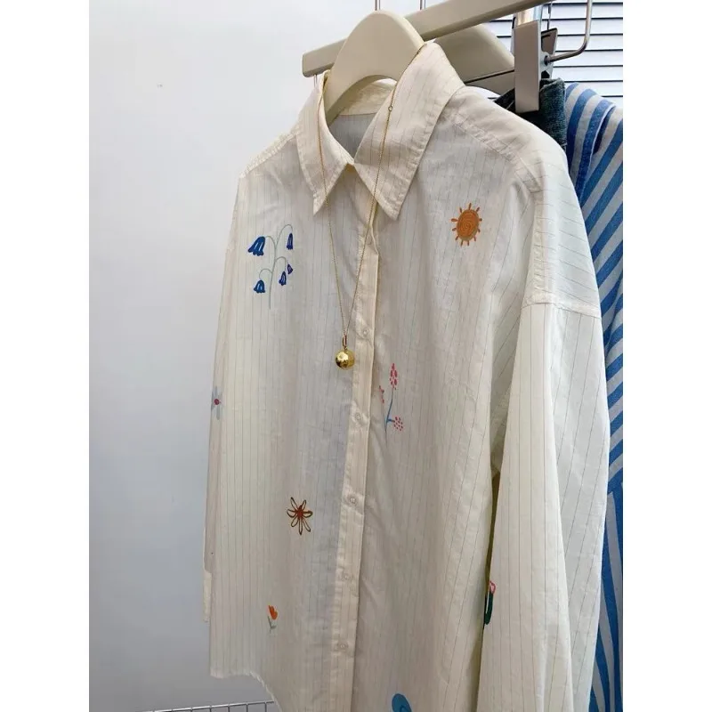 

Autumn New 2025 New Embroidered Printed Long-sleeved Shirt Women's Sun Protection Thin Vertical Striped Versatile Top