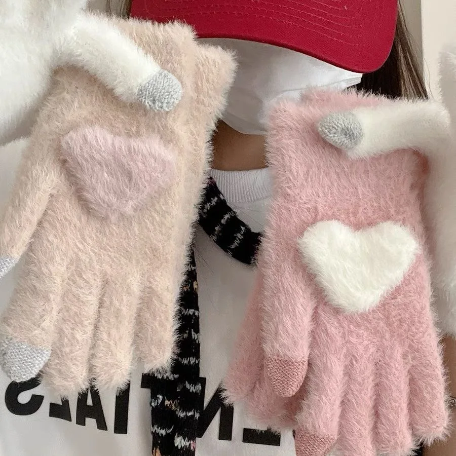 Sweet Love Heart Pink Gloves Women Plush Gloves Autumn and Winter Thick Mittens Full Finger Gloves Girls Warm Touchscreen Glove