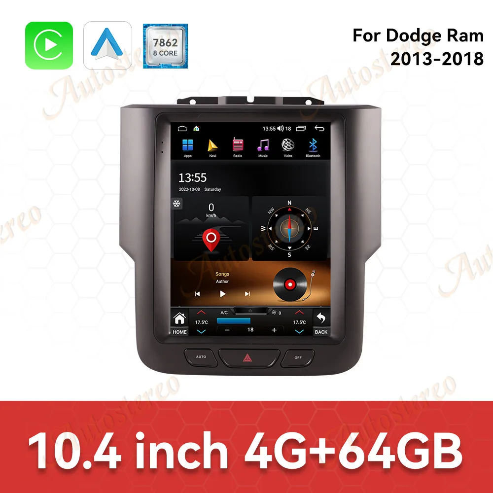 

10,4-дюймовый Android 14 Carplay для Dodge Ram 2013-2018 Автомобильный радиоприемник с GPS-навигацией Мультимедийный видеоплеер Автомобильный стерео головное устройство Авто