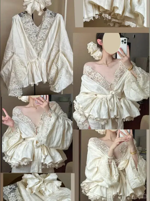 

Elegant Lace Shirts Women Vintage Sexy V Neck Bandage Blouses Summer Fairy Korean Patchwork Long Sleeve Casual Design Tops New