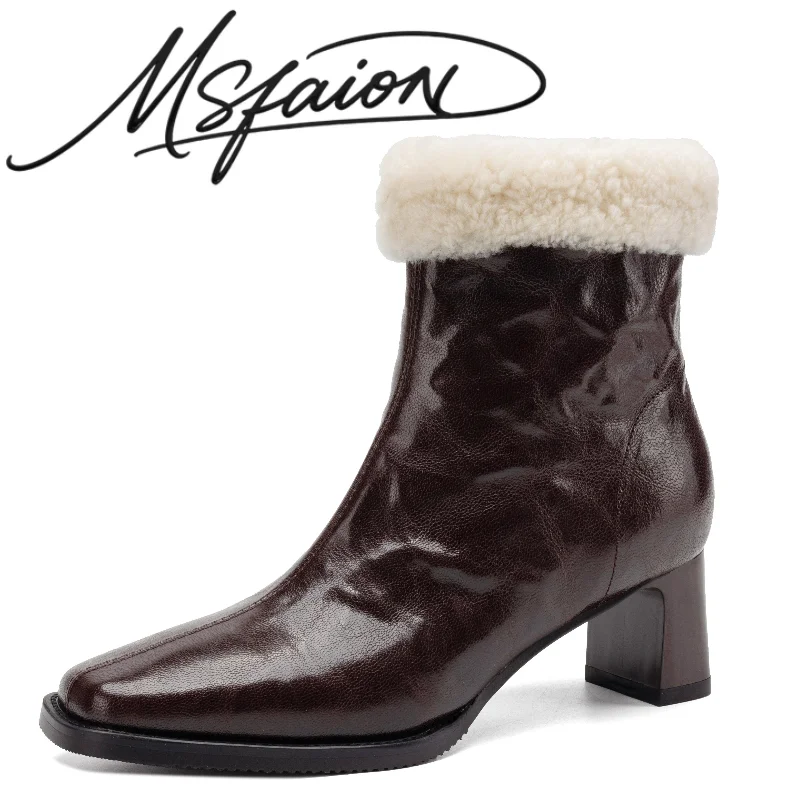Women Winter Lamb Fur Ankle Boots 31‑46 Large Size Genuine Top Layer Sheepskin Square Toe Chunky Heel Side Zipper Warm Snow G745