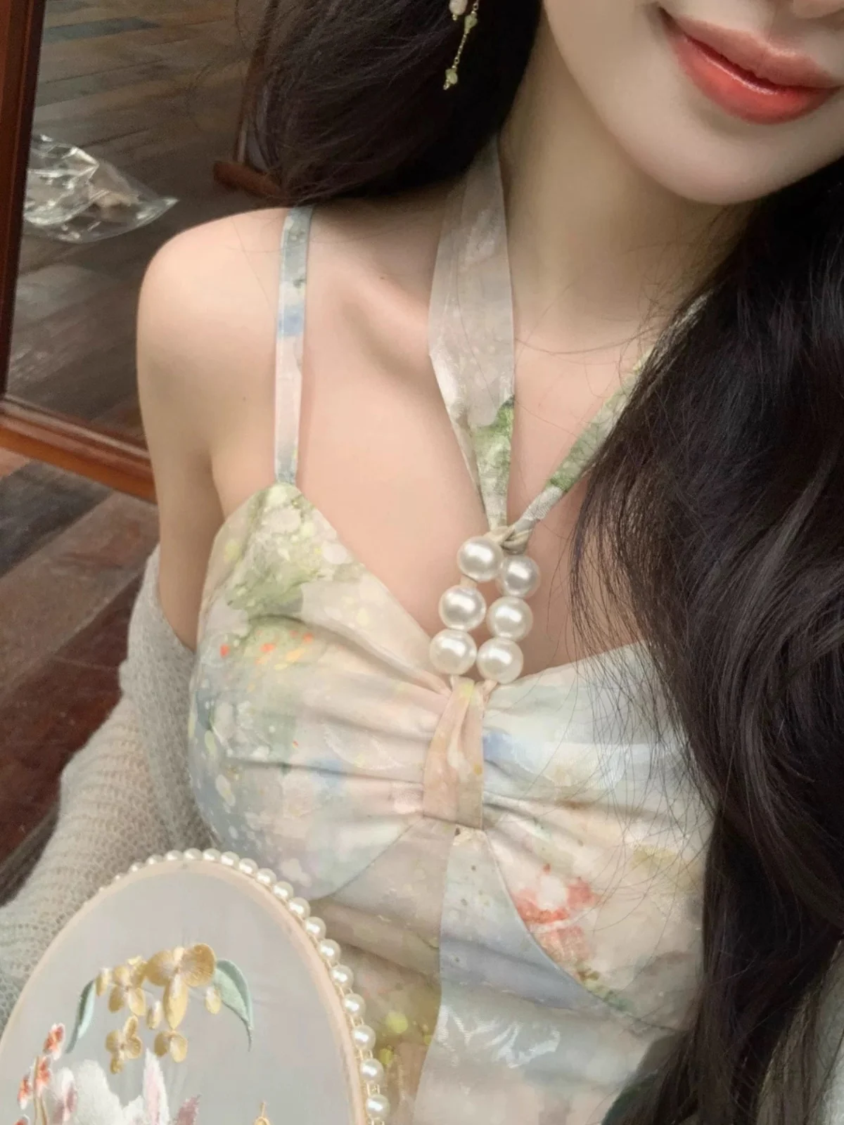 フレンチビーズ花柄シフォンプリントブルーシフォンホルター A ラインドレス女性のためのスリム妖精のような雰囲気ビーチ休暇マキシドレス