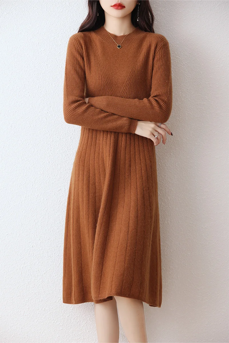 Long Sweater Dress for Women, 100% Merino Wool, Striped, Round Neck, Pleated Skirt, Pullover, Autumn and Winter, New