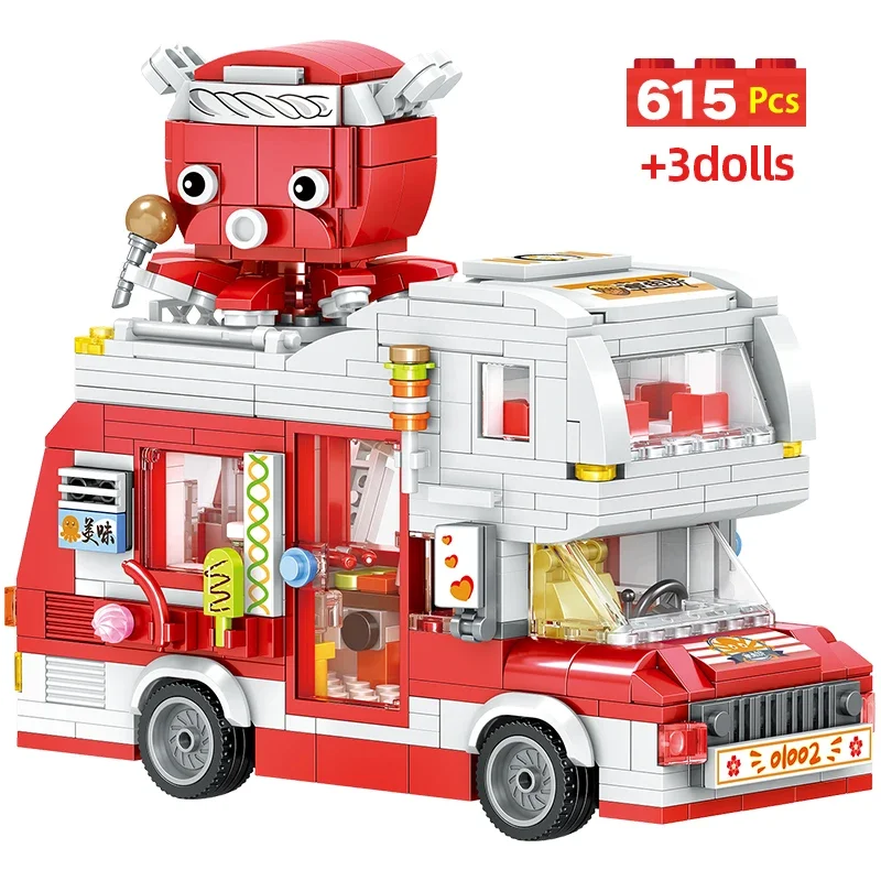 

615pcs Mini City Japanese Food Takoyaki Hot Dog Camping Car Building Blocks CateringCar Figures Bricks Toys For Children Gifts