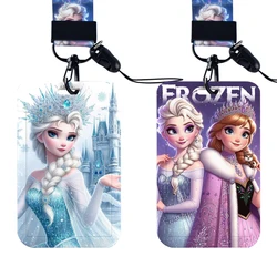 W Frozen-tarjeta de Disney con nombre para mujer, tarjetero colgante de Elsa para el cuello, funda con cordón para tarjetas de identificación