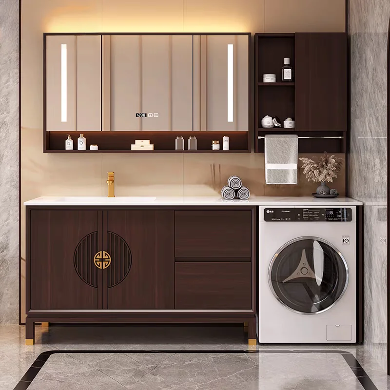 

Solid wood washing machine integrated cabinet, floor-to-ceiling bathroom sink face wash cabinet, rock slab seamless basin