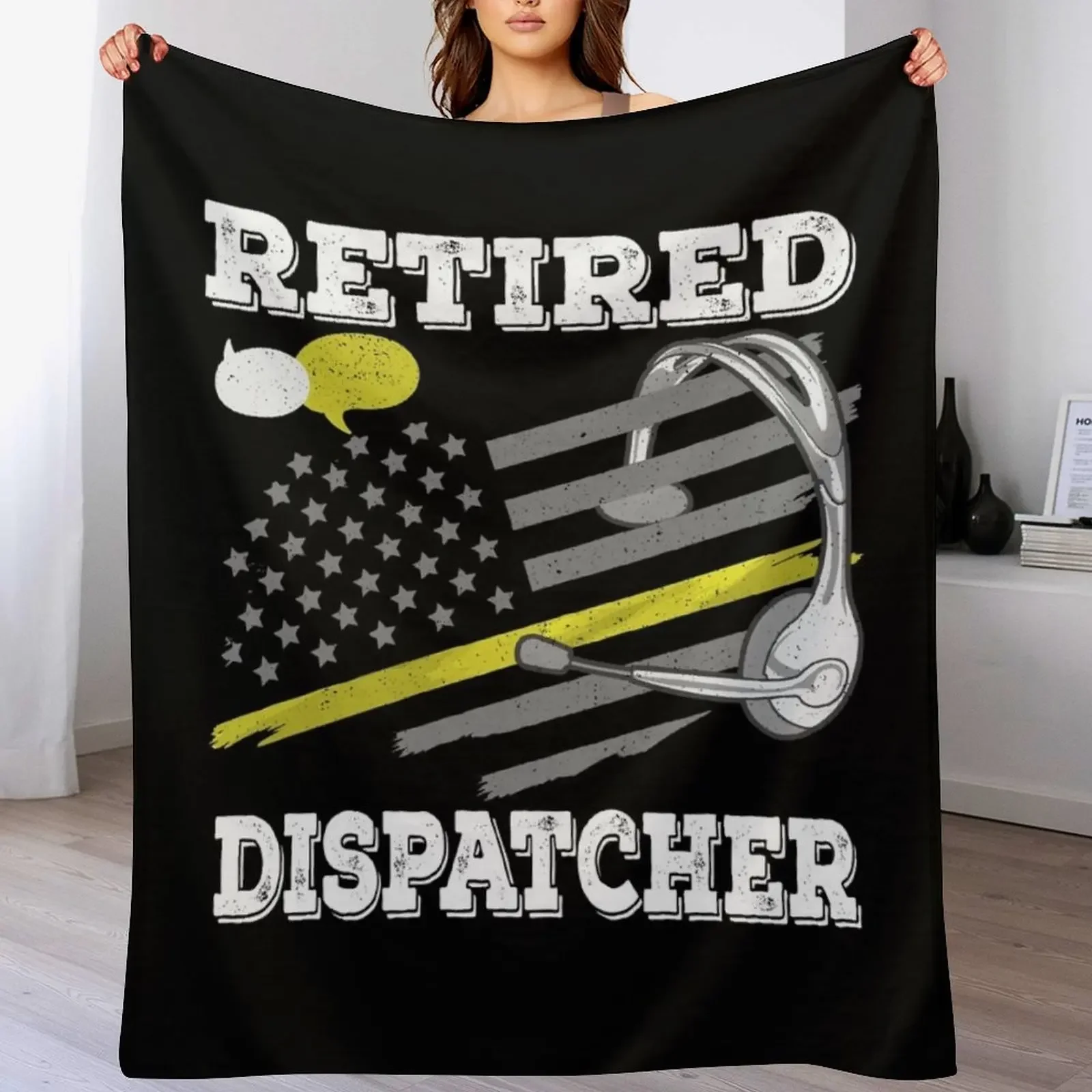 Proud Retired Dispatcher Gift - Thin Yellow Line - American Flag - Retirement Throw Blanket Luxury Blankets