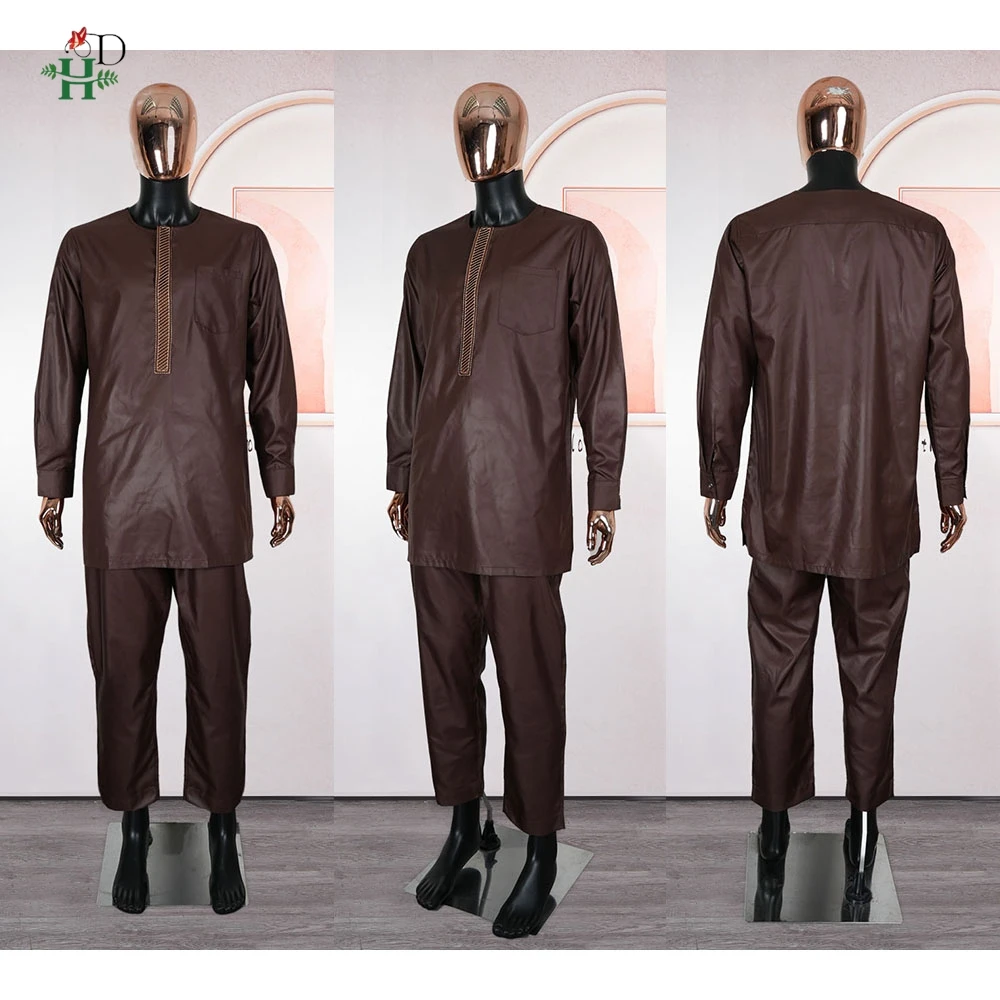 New African Men's Traditional 3PCS Outfit Thobe Set Brown Agbada Embroidered Robe Plus Size For Wedding Church Festival Ceremony