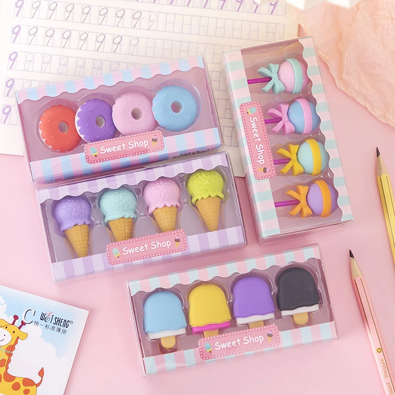 

4 Boxes Candy Colored Pencil Eraser Gift Box Dessert Lollipop Set Student Creative Stationery Eraser