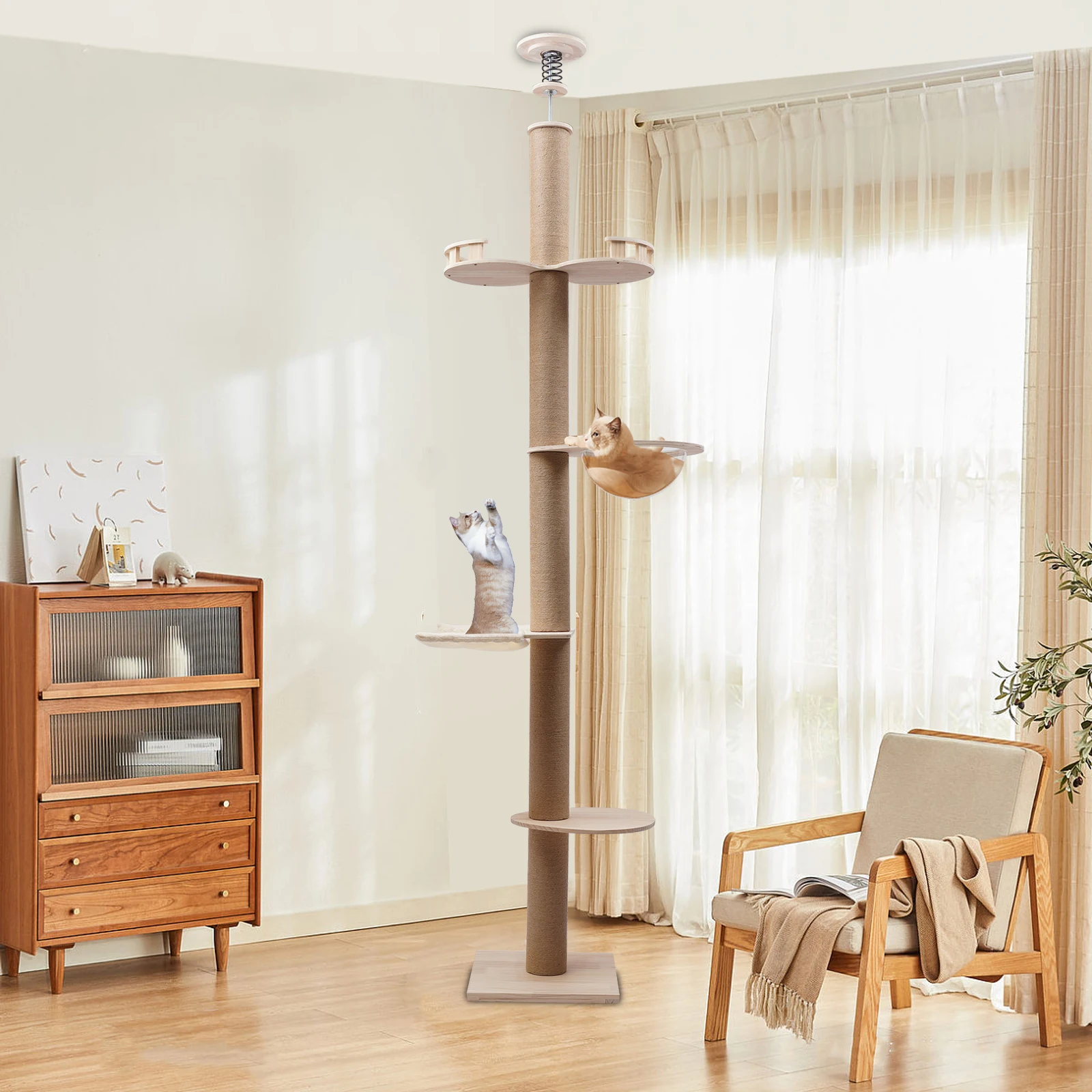 

Cat Tree Floor to Ceiling Natural Sisal Rope Scratching Climbing Post Adjustable Cat Tree Cat 4-Tiers Furniture Activity Center