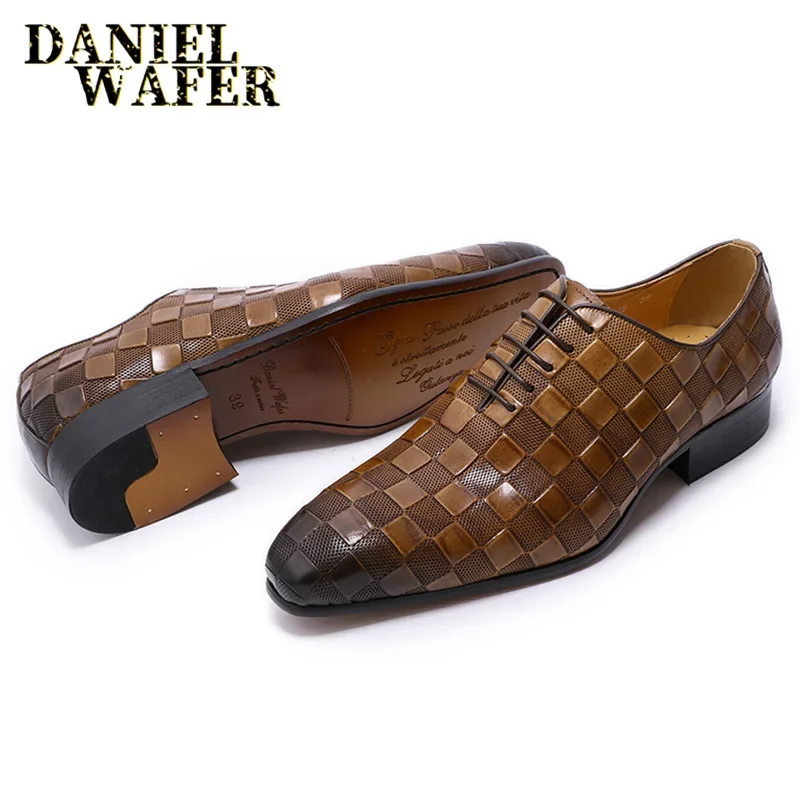 Men\'s Luxury Italian Leather Dress Shoes Fashion Plaid Print Lace-Up Black/Brown Formal Oxford Wedding Office Shoes