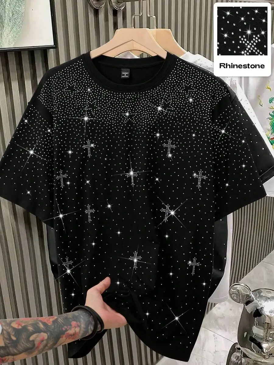 

Men's Black Oversized T-Shirt with Rhinestone Cross & Dot Pattern