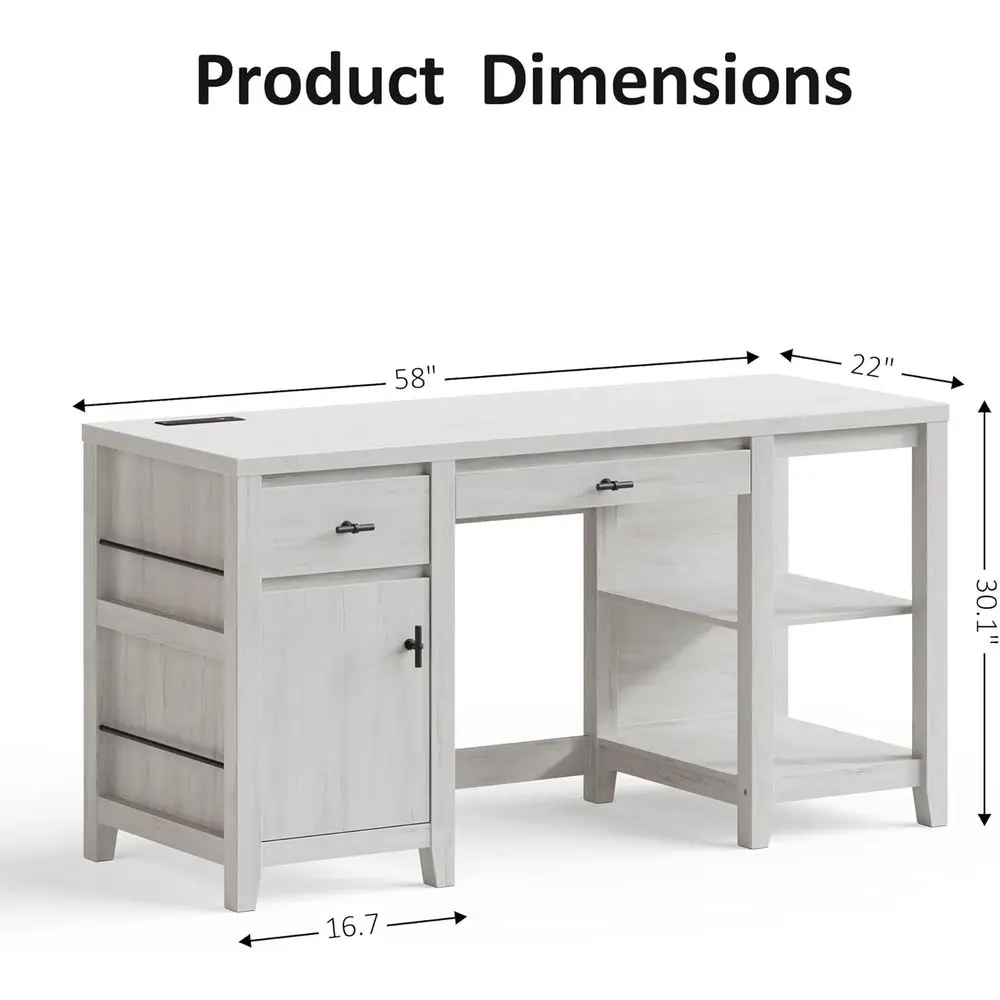 White Large Writing Desk with Adjustable Keyboard Tray, Drawers, and Magazine Rack for Home Office and Study