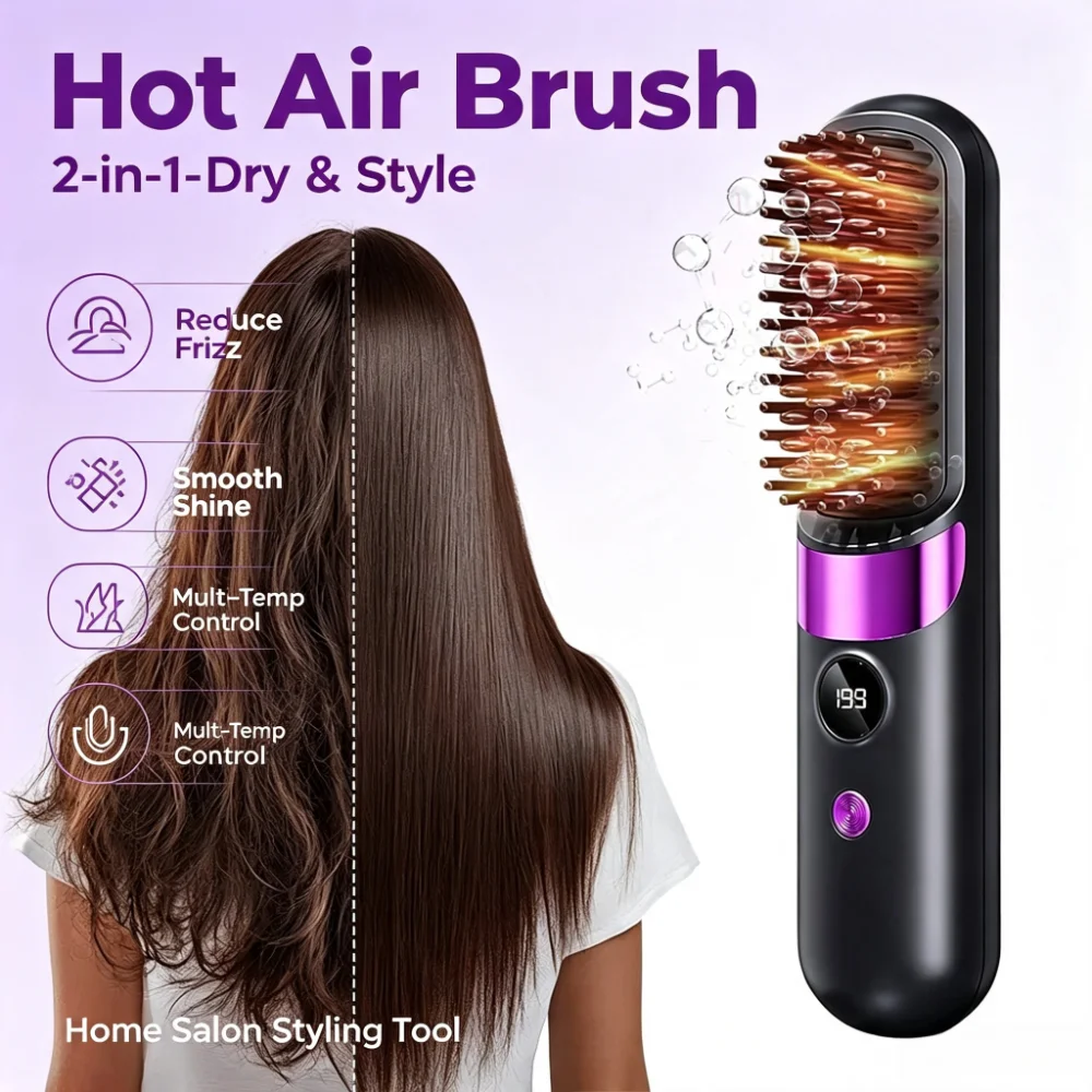 Hair Straightener Brush with LCD Display Cordless USB Charging Straightener Portable Mini Straightening Brush for Home Travel
