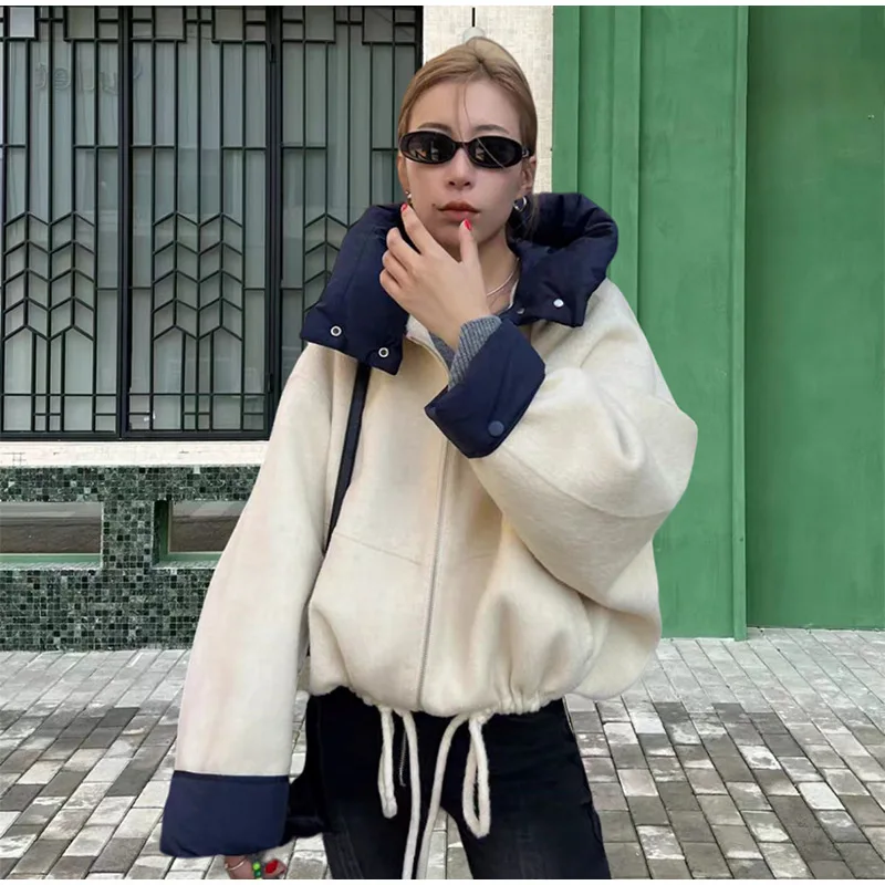 Autumn Winter Loose Highstreet Female Outwear Contrast Zipper with Hat Women Jacket Full Sleeve Woolen Lady Coat