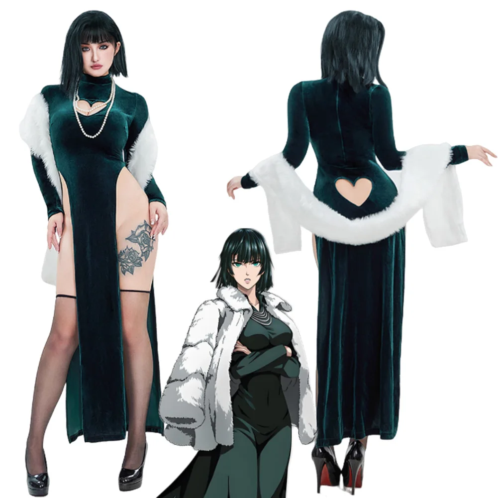 

Disguise Punch Fubuki Cosplay Green Sexy Cheongsam Dress White Plush Shawl Costume Outfit Halloween Carnival For Adult Women