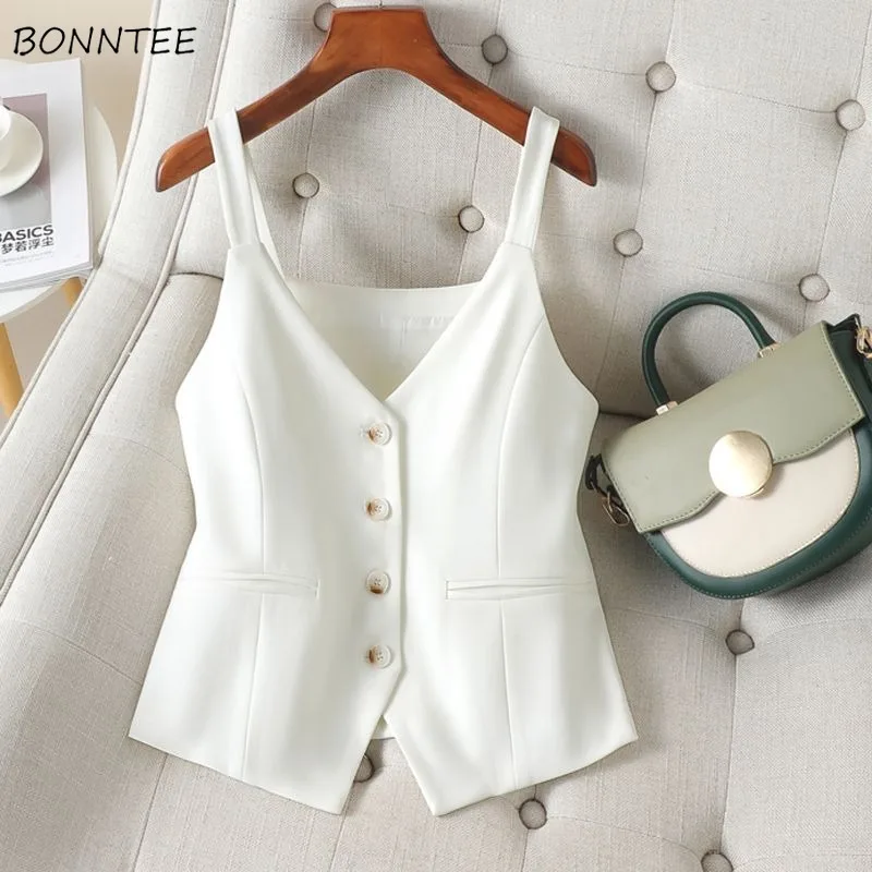 Cropped Vests Women Chic Trendy All-match Korean Fashion Classic Office Lady Sleeveless Outwear Spring Daily Profession Style