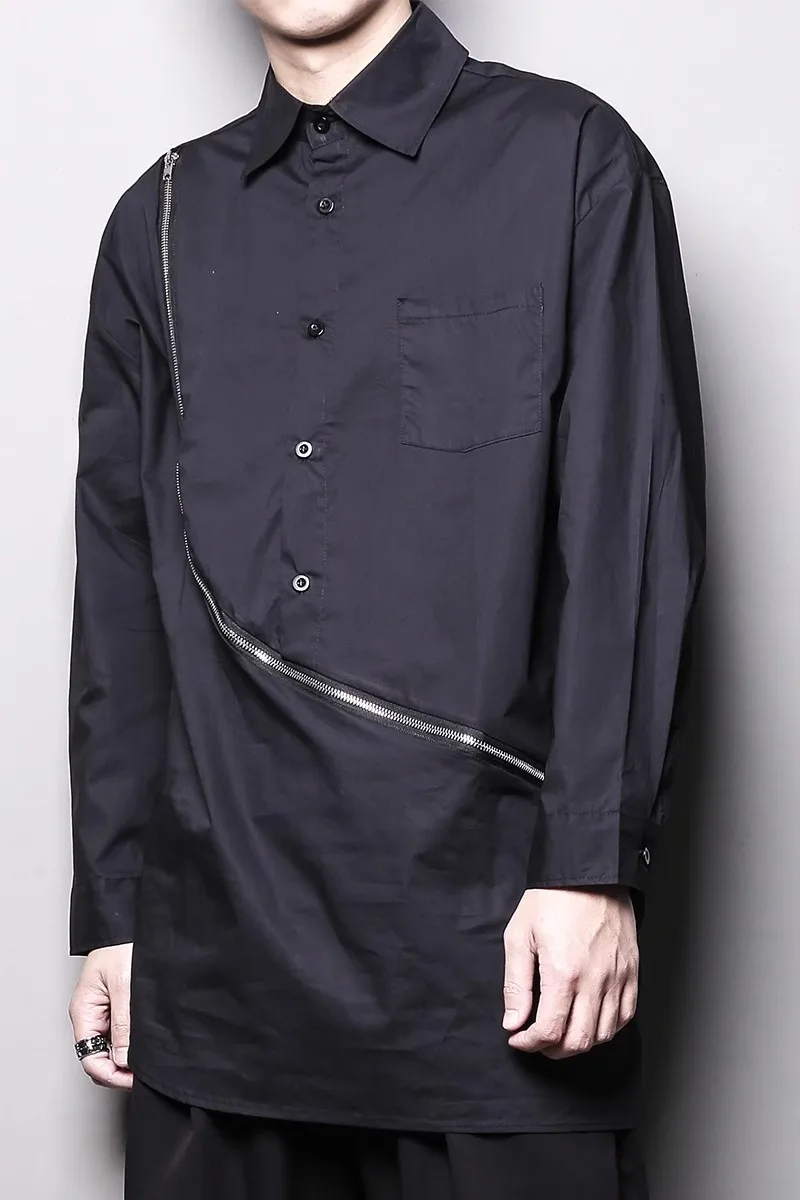 Custom clothing.Spring and autumn original dark zipper splicing irregular long-sleeved mid-long shirt