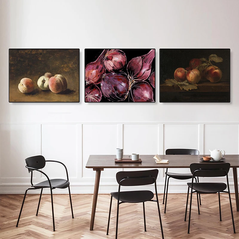 Peach Still Life Oil Painting On Canvas Poster Vintage Prints Kitchen Wall Art Decoration Peaches Picture Dining Room Decoration