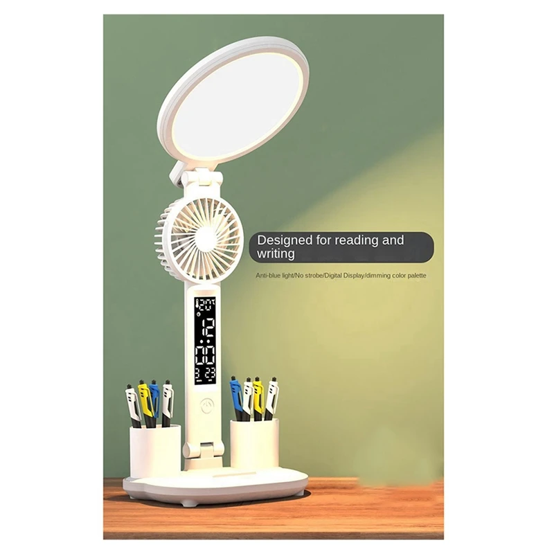 LICE-LED Clock Table Lamp USB Chargeable Dimmable Desk Lamp 4960 Mah Fan Light Foldable Eye Protection Reading Night Light