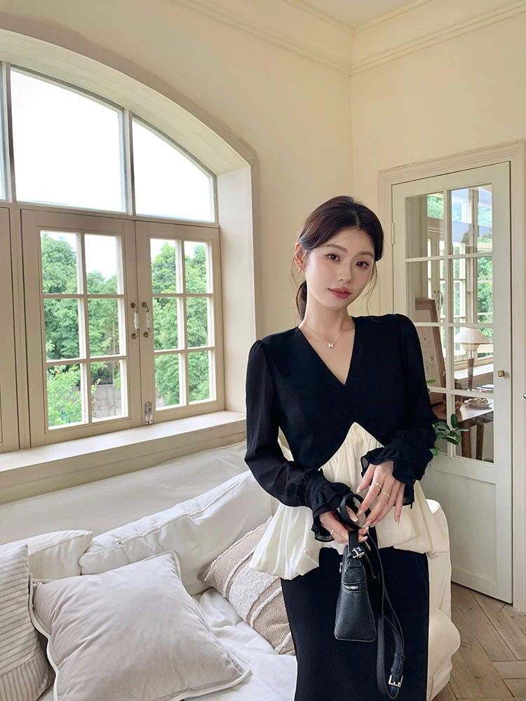 Syeee Oreo Bla blanco contraste Color V-Ne Top mujer Faionable viaje adelgazamiento largo Sve irt otoño nuevo Sle