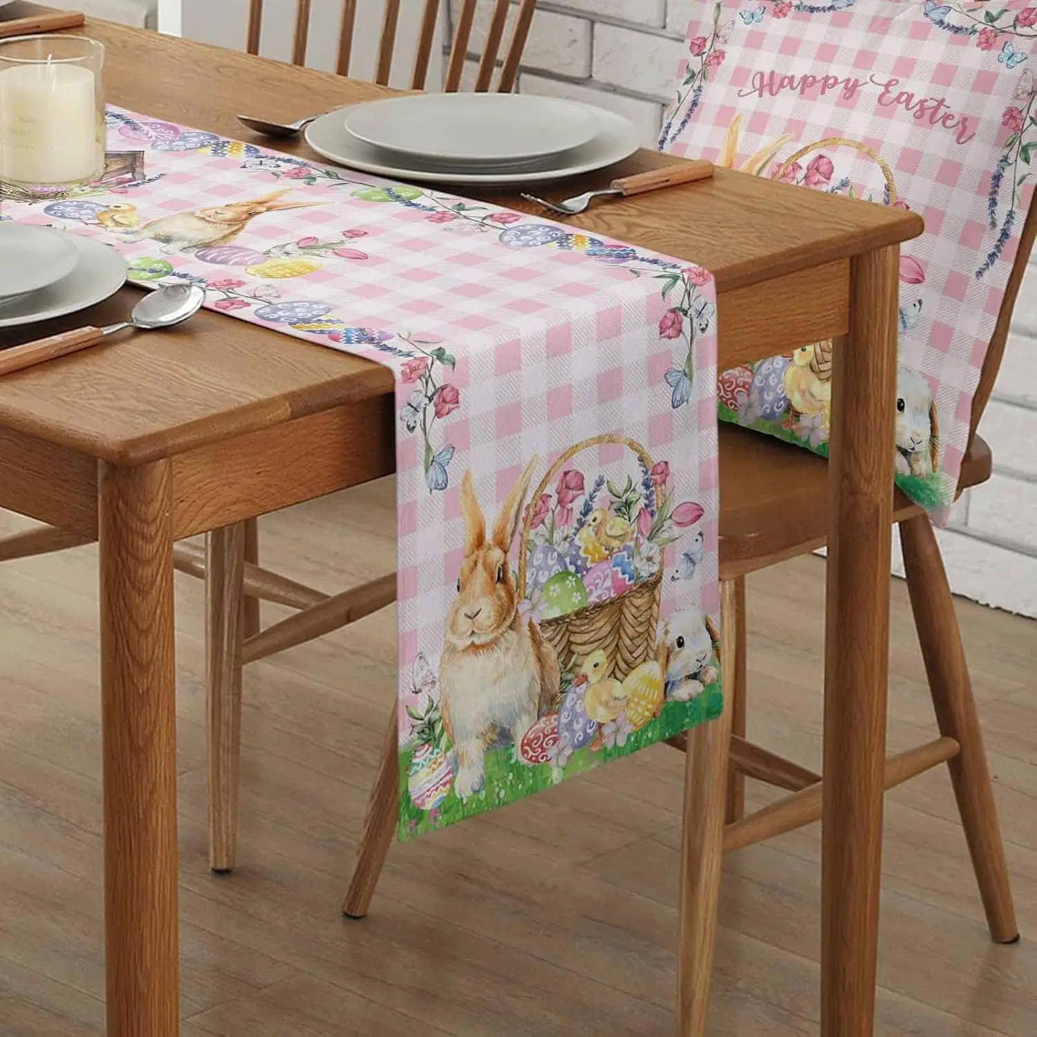 Easter Bunny Colorful Egg Linen Table Runner Party Decor Spring Flower Basket Pink Plaid Table Runners Dresser Scarf Table Decor