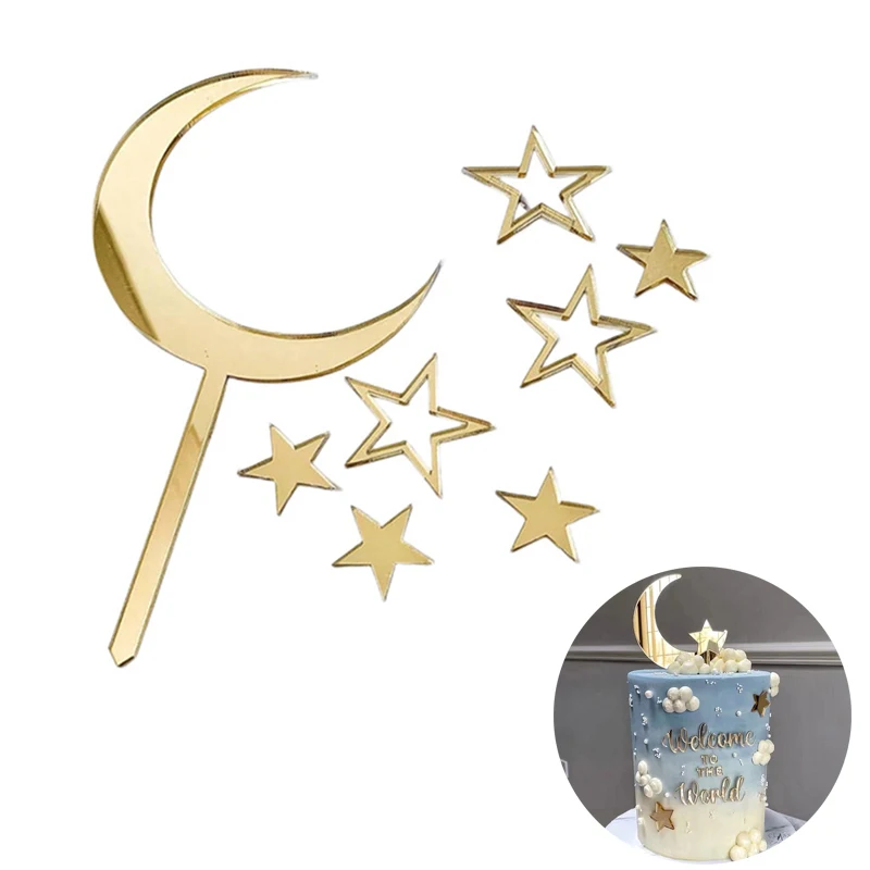 1 Set Acrylic Welcome To The World Stars Moon Birthday Cake Mermaid Tail Toppers For Baby Party Cupcake Decoration Cake Stand - view 3
