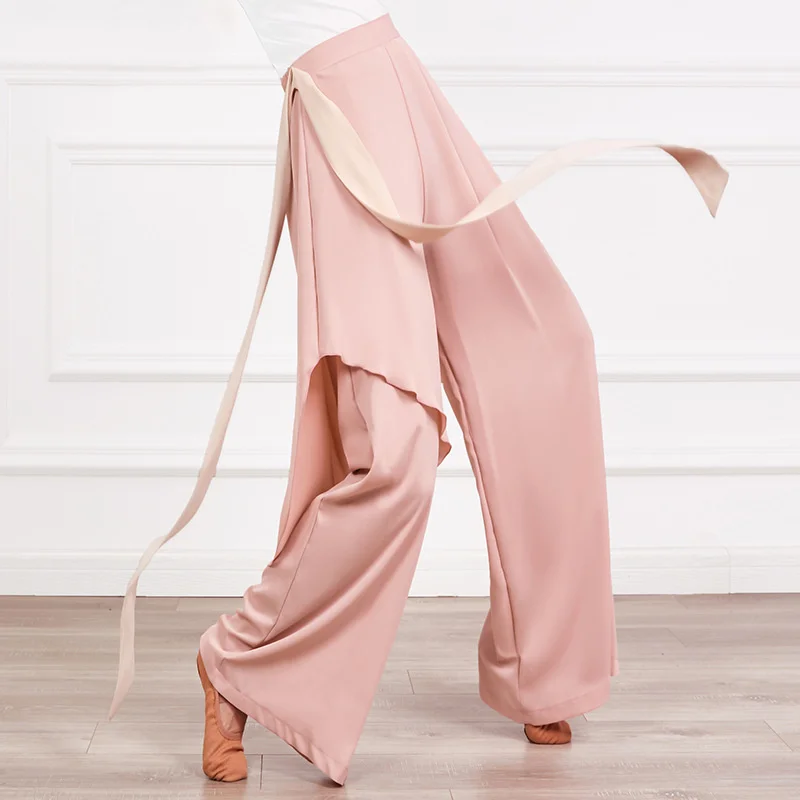 Lady\'s Fairy Classical Dance Pant Wide Leg Chiffon Flowy Pants With Long Belt Contrast Color Modern Dancer Practice Basic Wear