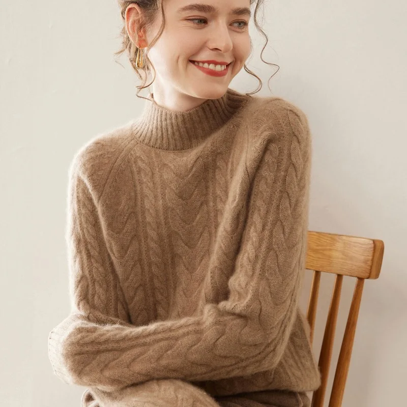 100% cashmere women's sweater casual solid color knitted pullover mock neck  Blouse thick warm Tops twist Jumper fashion