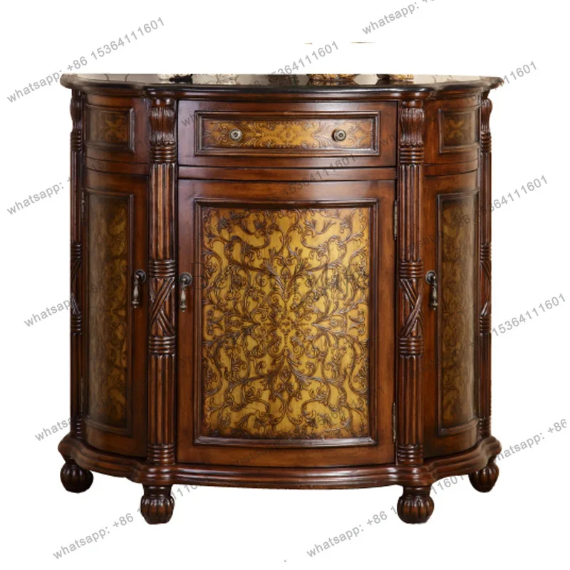 

Luxury Semicircular Entrance Cabinet Bronze Embossed Marble Countertop Locker