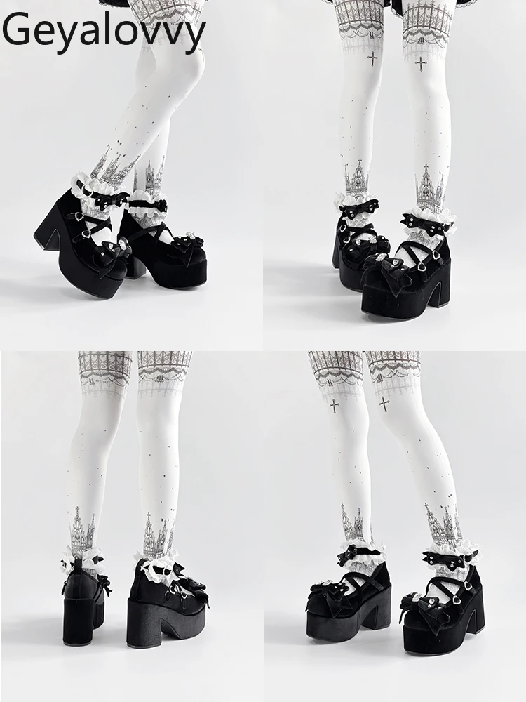 봄과 가을 벨벳 두꺼운 단독 라인 석 보우 로리타 일본식 다목적 인형 느낌 플랫폼 신발 여성용