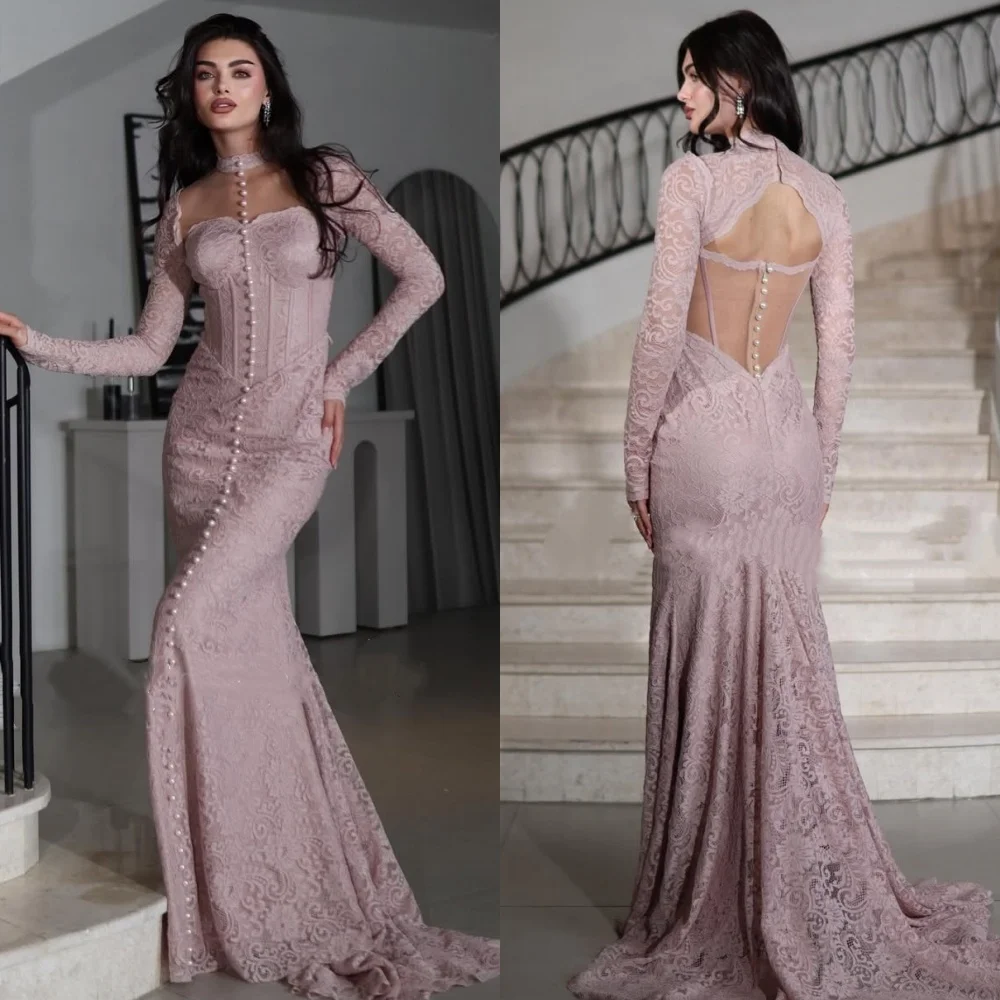 

Customized Matching Classic Lace Pearl Ruched Mermaid High Collar Long Dresses Bespoke Occasion Dresses Sizes Available Elegant