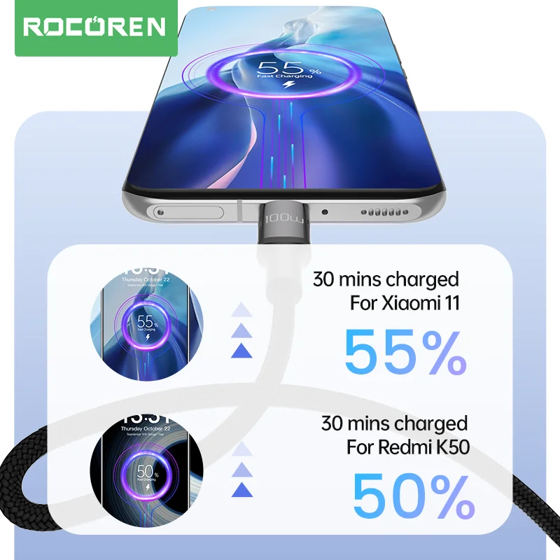 Rocoren 100W USB Type C Cable For Xiaomi 13 Huawei Redmi Note 12 Pro Realme 7A Fast Charging Cable Super Charge USBC Wire Cord