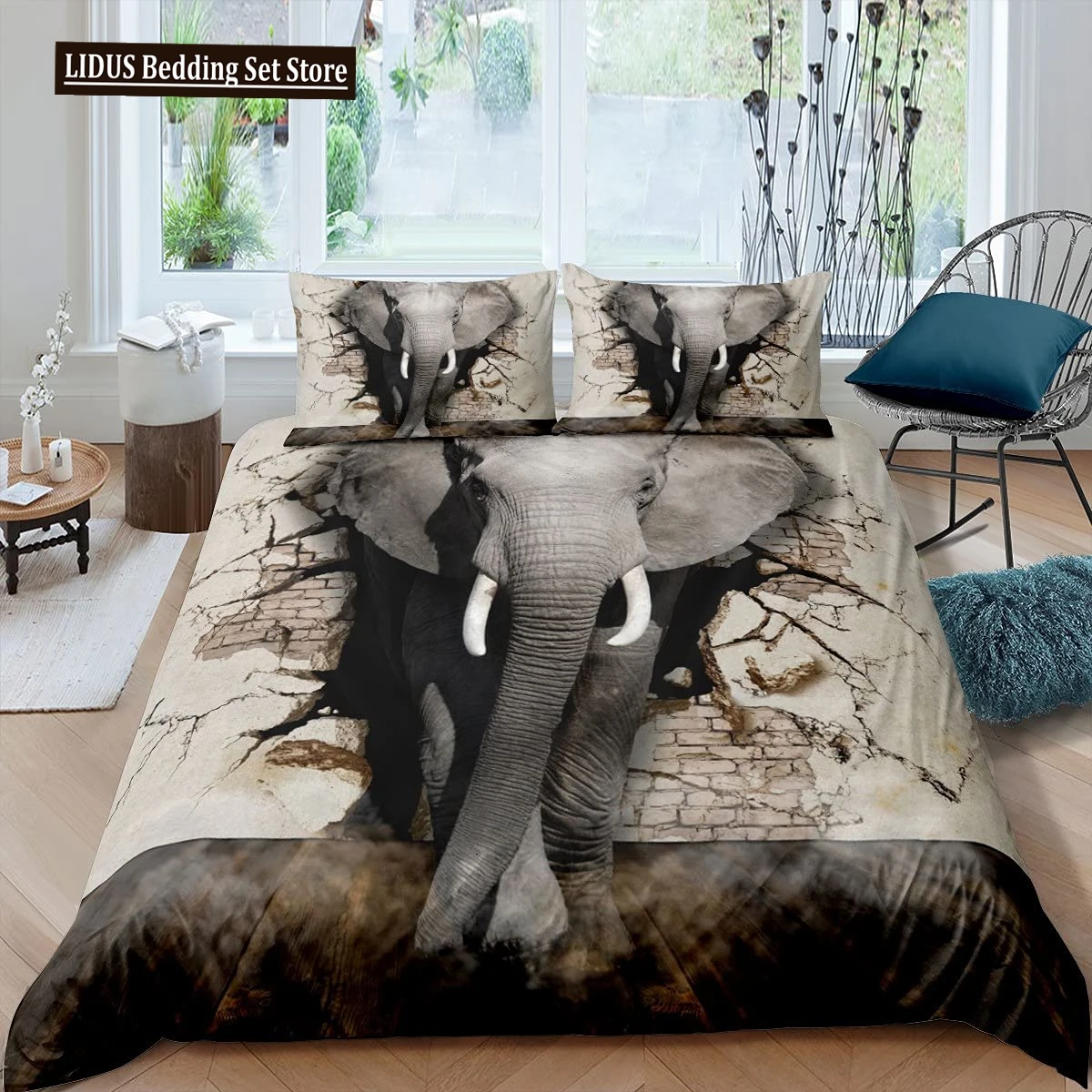 

3D Elephant Duvet Cover Set Queen Size African Safari Animal Comforter Set Wildlife Bedding Set Retro Wall Decor Bedspread Cover