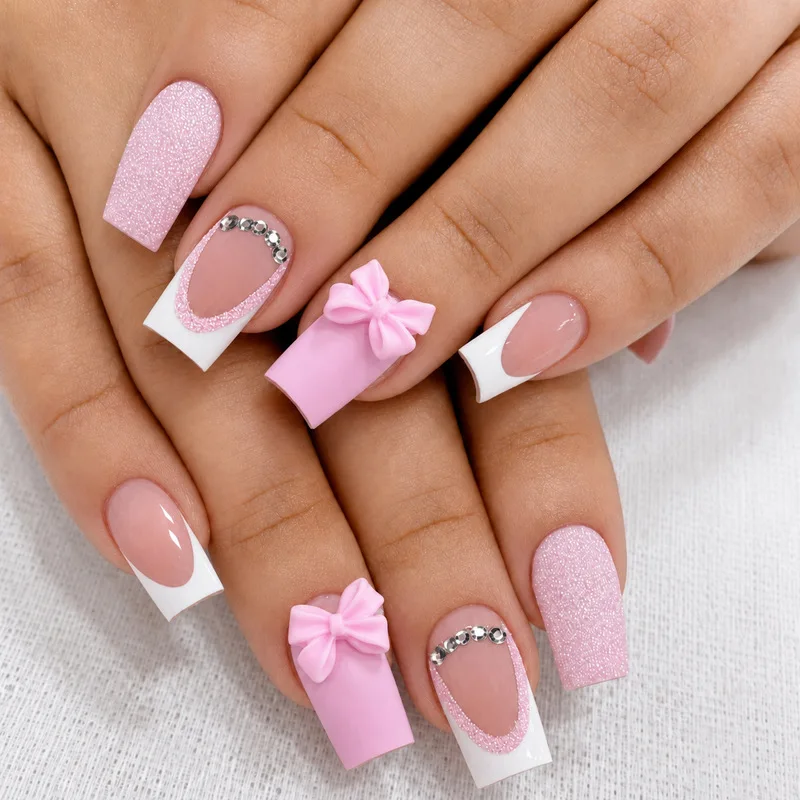 Short Square Light Pink Glitter French Press On Nails Bow Rhinestone Decor Reusable Glossy False Nail Tips
