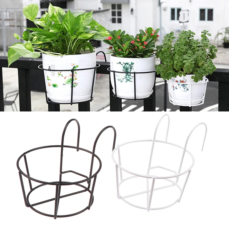 Garden Hanging Plant Iron Racks Balcony Round Flower Pot Rack Railing Fence