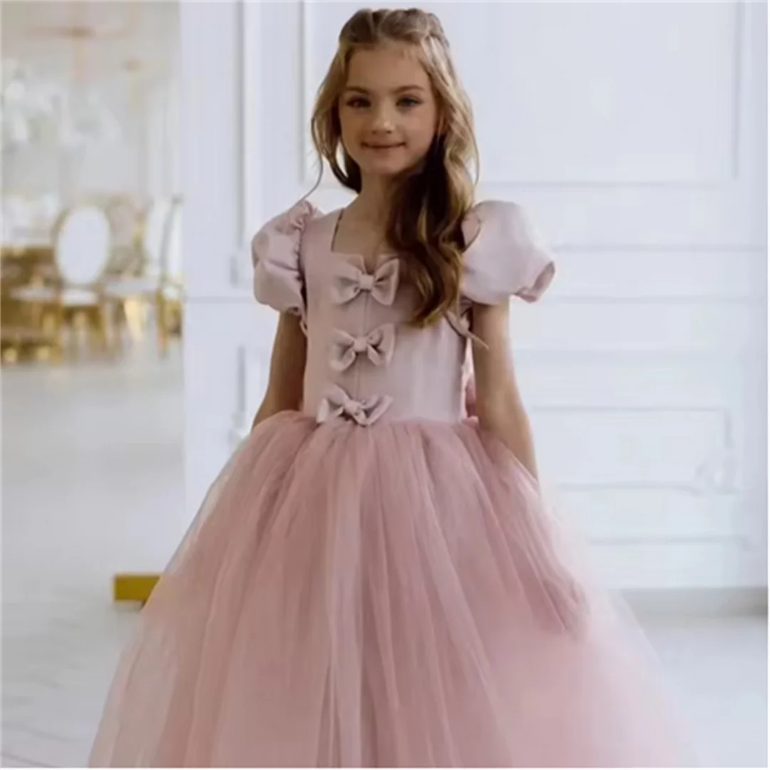 مخصصة مع القوس المغبر الوردي زهرة فتاة فساتين الزفاف ساحة طوق ل طول الأرض أنيقة للأطفال أول بالتواصل فستان حفلات #4