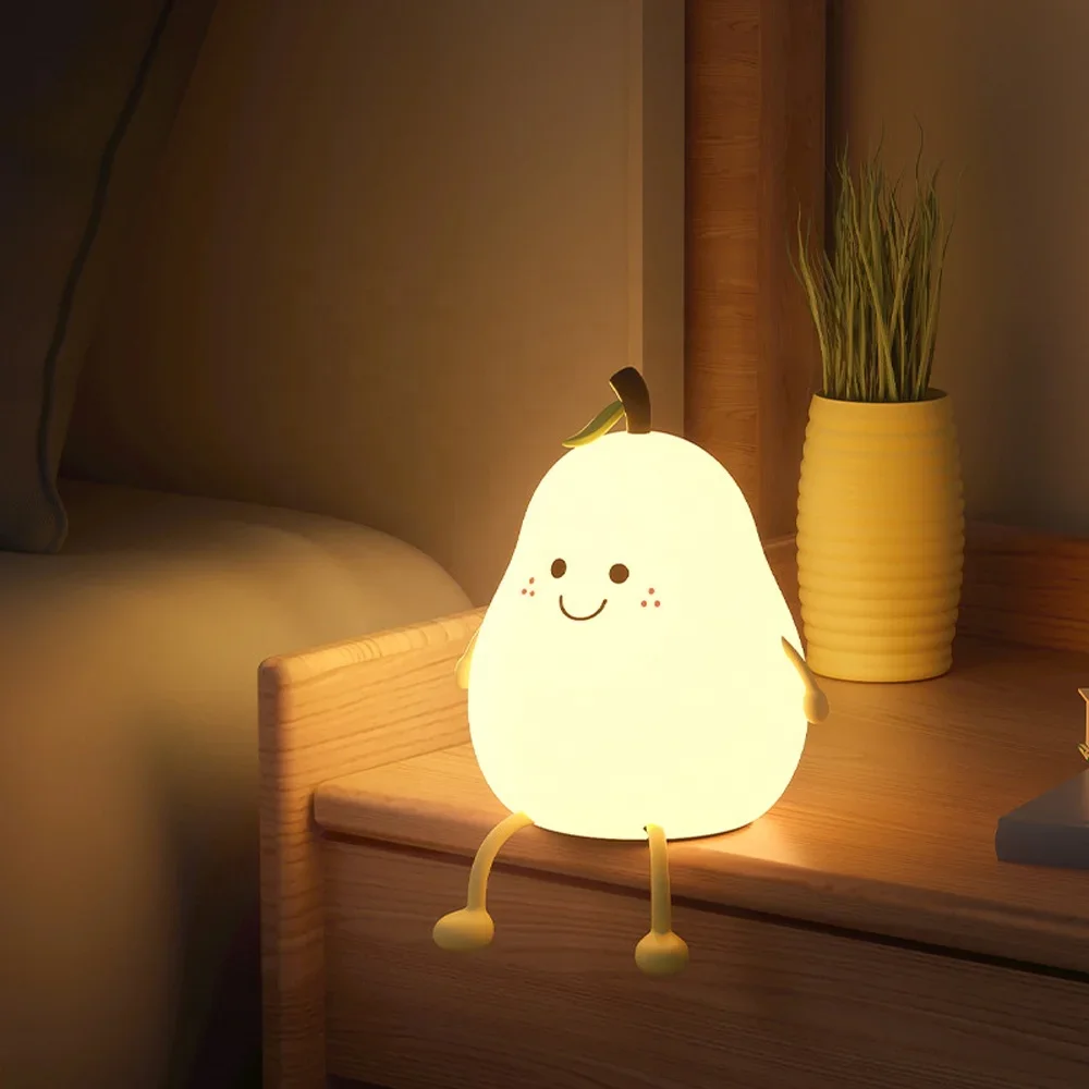 Cartoon Silicone Pear Night Light USB Charging 7 Colors Change Kids Night Light LED Table Lamp Baby Feeding Nursery Lamp